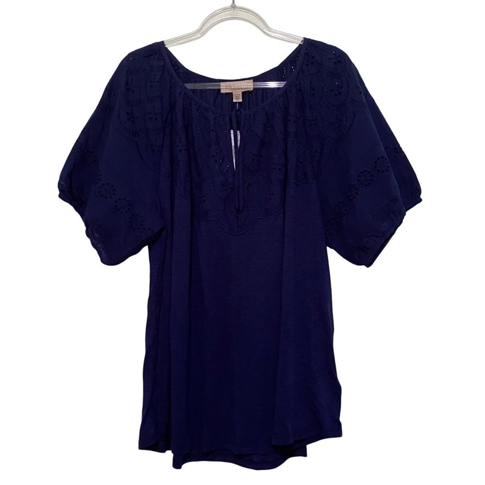 Philosophy Eyelet Womens Top‎ 2X Navy Blue Cottagecore Milkmaid Boho Gypsy Girly